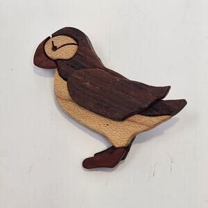 Puffin Tri Color Wood Brooch Pin Arctic Sea Bird Figural Lightweight Jewelry